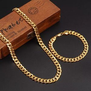 Men Women's 24 K Yellow Solid Gold Bracelet 21CM Necklace Set Classics Gift